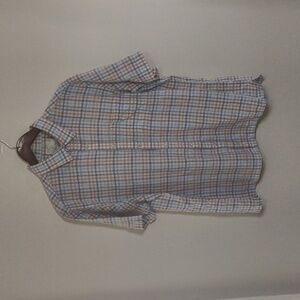 Tasso Elba men's linen blend button-down shirt Size XL blue/peach/white checked‎
